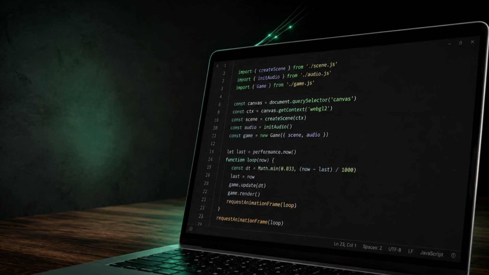 Glowing code on a laptop in a dark creative workspace